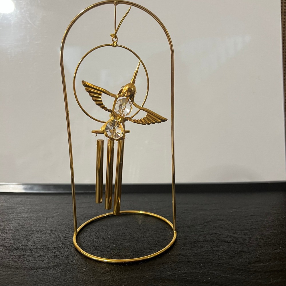 24K Gold Plated Hummingbird Crystal Figurine on Stand - Picture 1 of 7